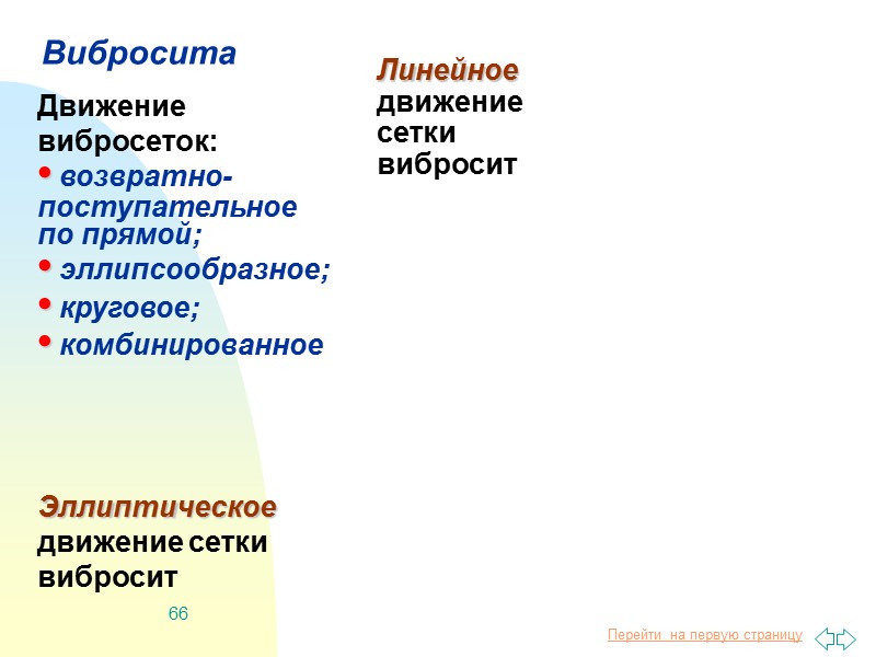 66 Вибросита Эллиптическое движение сетки вибросит Движение вибросеток: • возвратно-поступательное по прямой; • эллипсообразное;